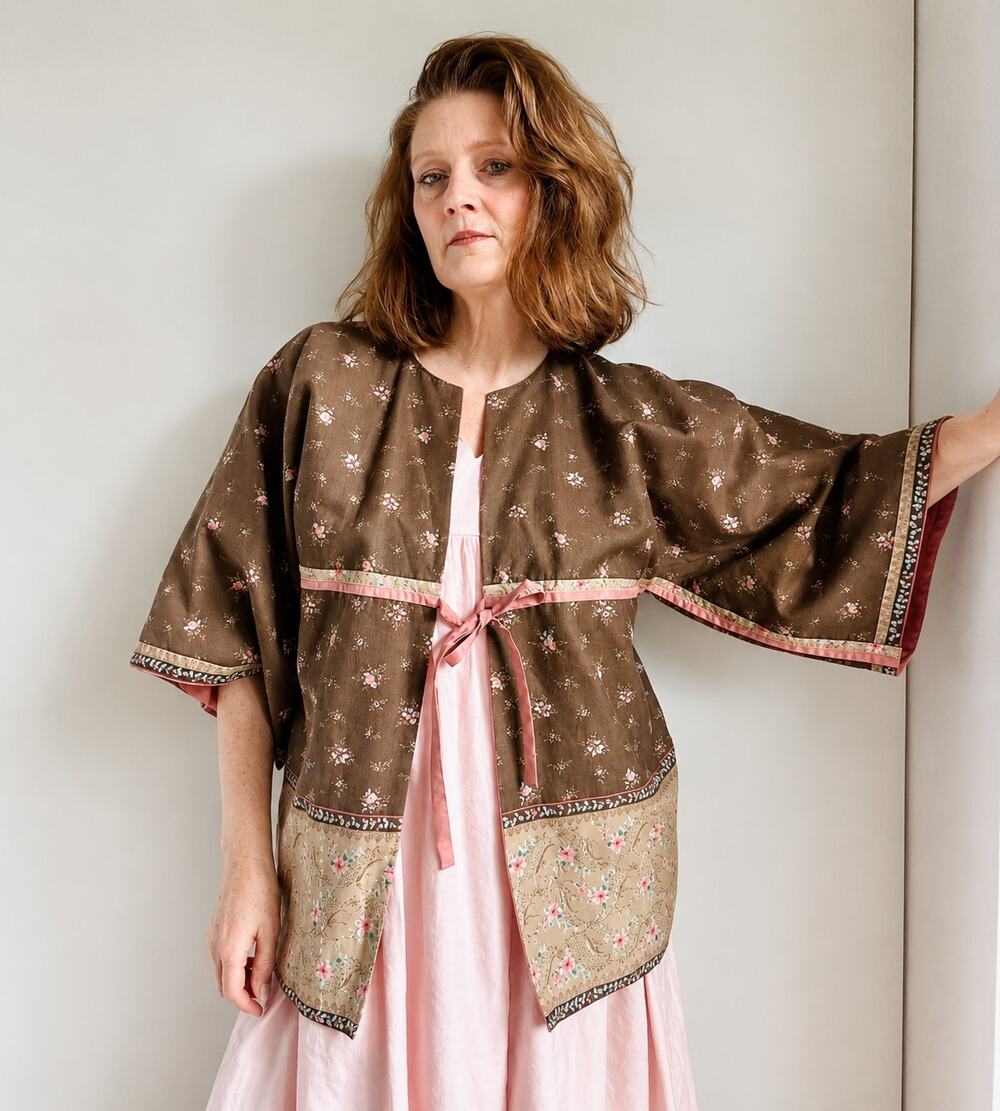 Handmade Cottagecore Kimono Jacket Floral Brown Pink Boho Festival Size L
